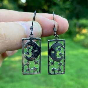 Vintage BOMA Sterling Silver Moon and Stars Rectangular Dangling Signed Earrings